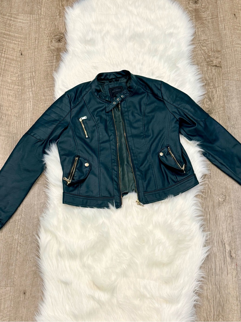 Womens Dark Teal Faux Leather Moto Jacket